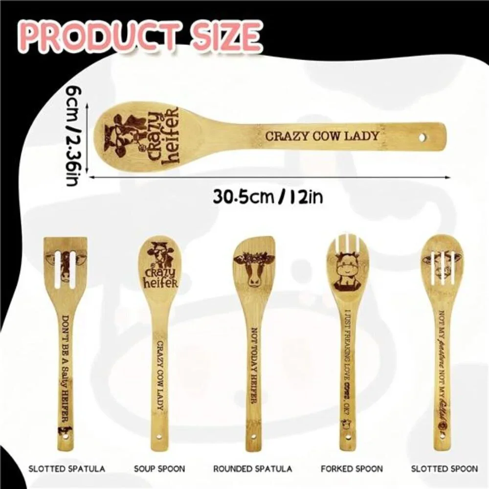 Funny Cow-Themed Bamboo Kitchen Utensil Set–5-Piece Engraved Gift for Cow Lovers